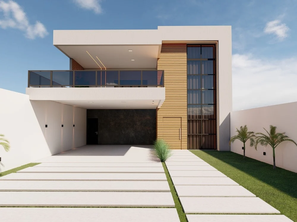 Sobrado de 250 m² com fachada em madeira e varanda no pavimento superior