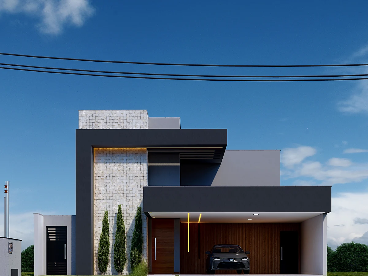 Fachada de sobrado com garagem coberta e revestimento misto