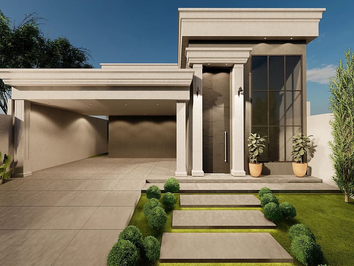 Fachada térrea com escada de acesso e jardim frontal