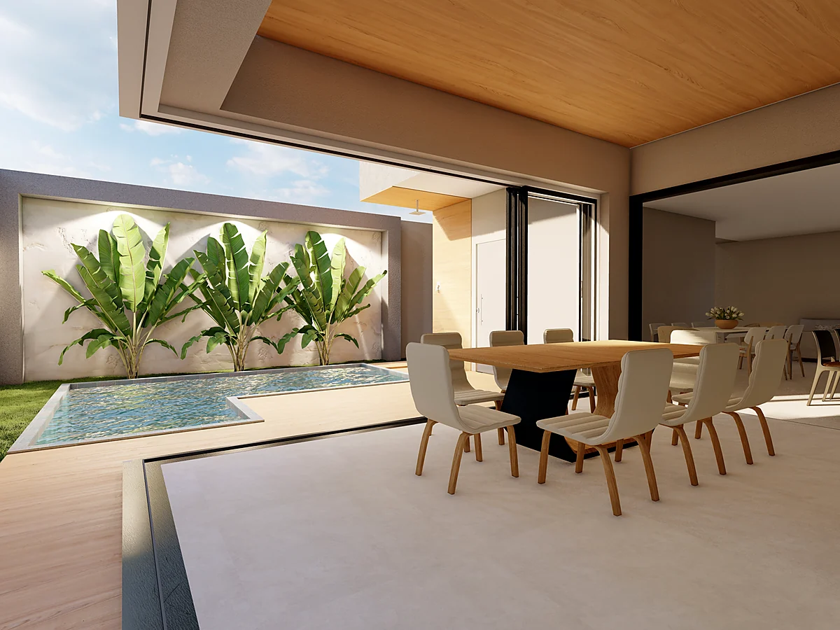 Área gourmet coberta com mesa e vista para a piscina