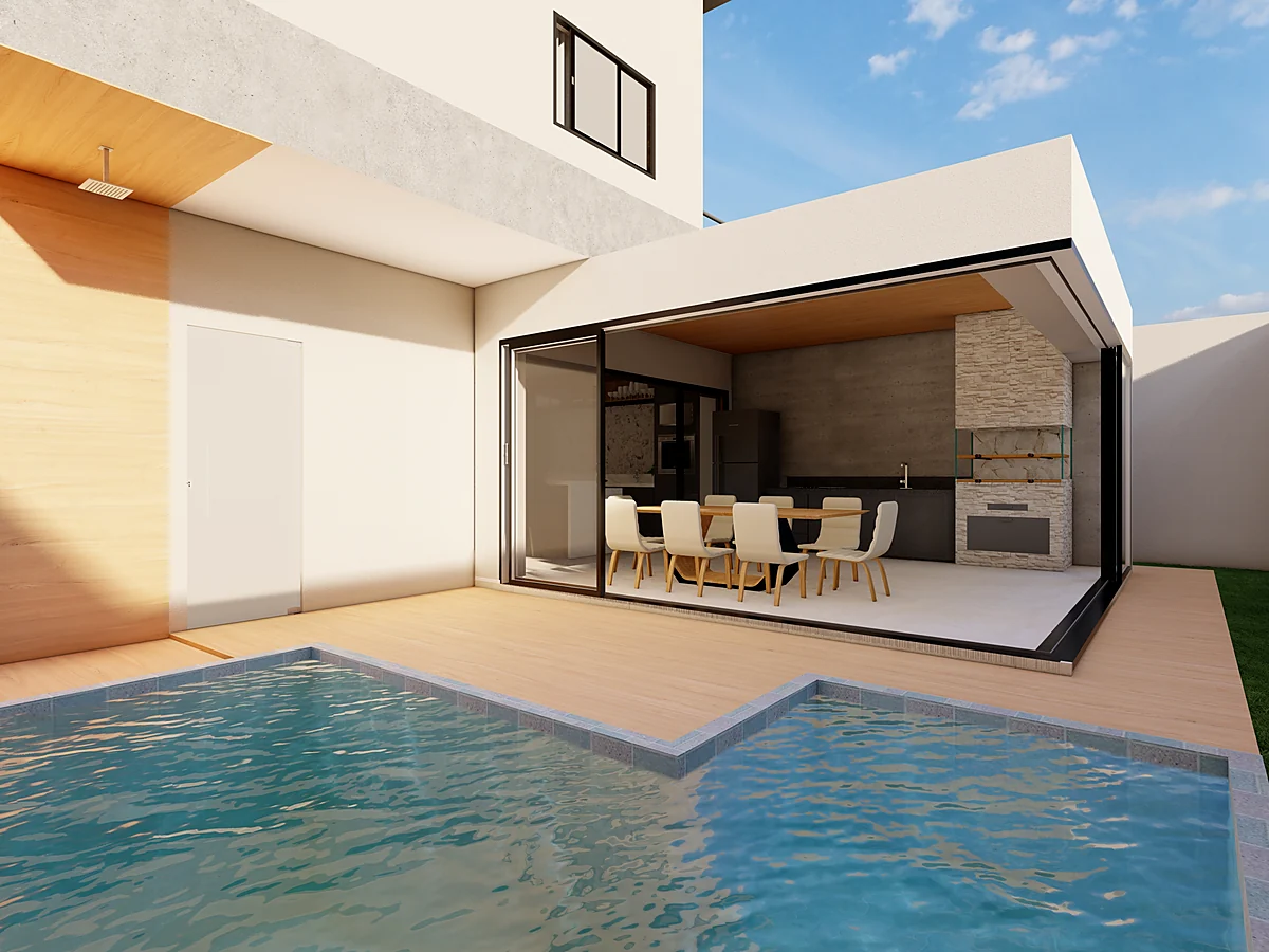 Piscina com borda em deck e área gourmet aberta