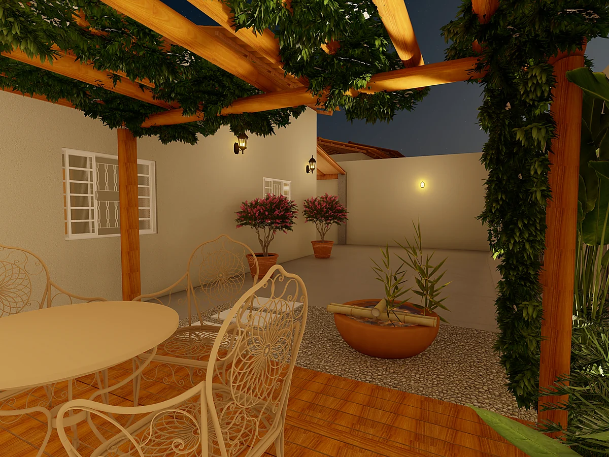Varanda com pergolado de madeira, mesa e jardim